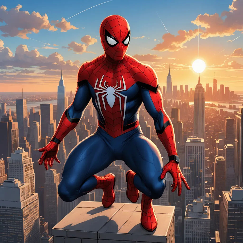 a spider man is standing on a ledge in front of a cityscape at sunset with the sun behind him, sots art, concept art, Alton Tobey, rossdraws global illumination