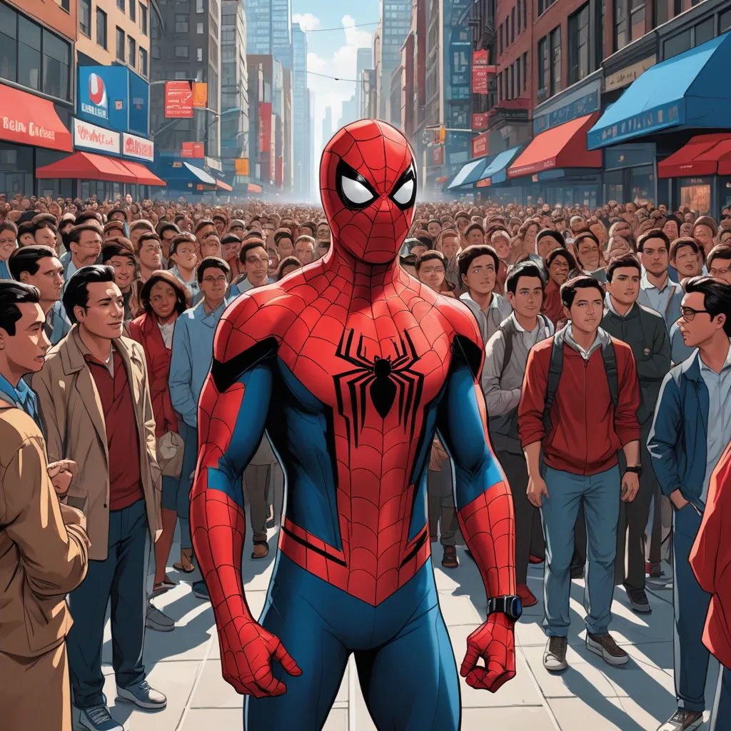 a man in a spider suit standing in front of a crowd of people in a city street with buildings, harlem renaissance, a comic book panel, Alton Tobey, rossdraws global illumination
