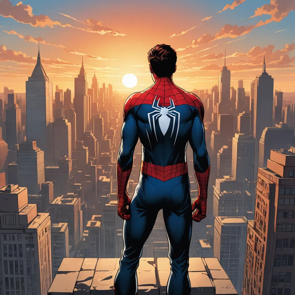 a man standing on top of a building with a spider man on his back in front of a city, harlem renaissance, a comic book panel, Alton Tobey, comic cover art