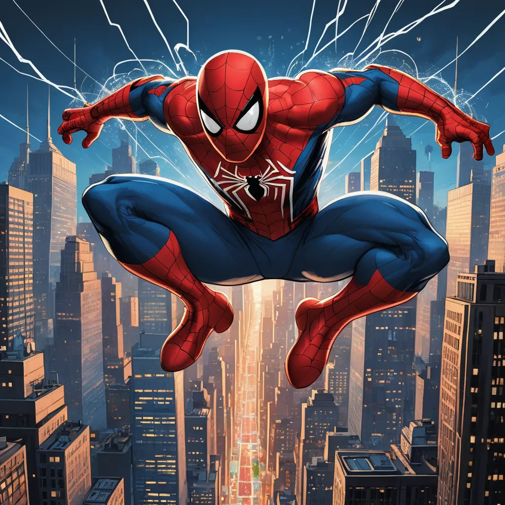 a spider man flying through the air over a cityscape with buildings in the background and a cityscape in the foreground, sots art, concept art, Eddie Mendoza, rossdraws global illumination