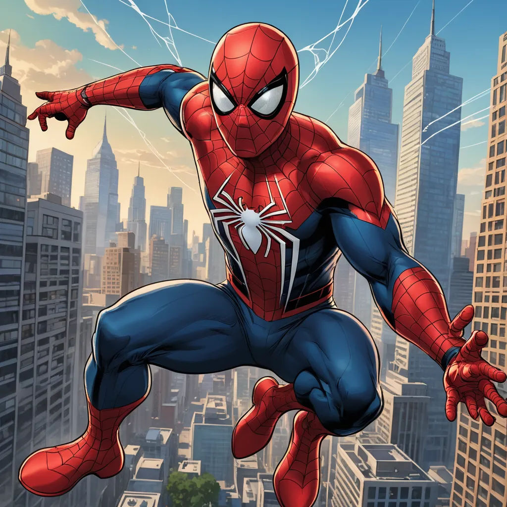a spider man flying through the air over a cityscape with skyscrapers in the background and a lightning bolt in the sky, sots art, a comic book panel, Alton Tobey, comic cover art