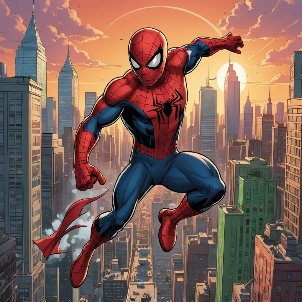 a spider man flying over a city at sunset with a cityscape in the background and a sun setting, photorealism, a comic book panel, Alton Tobey, marvel comics