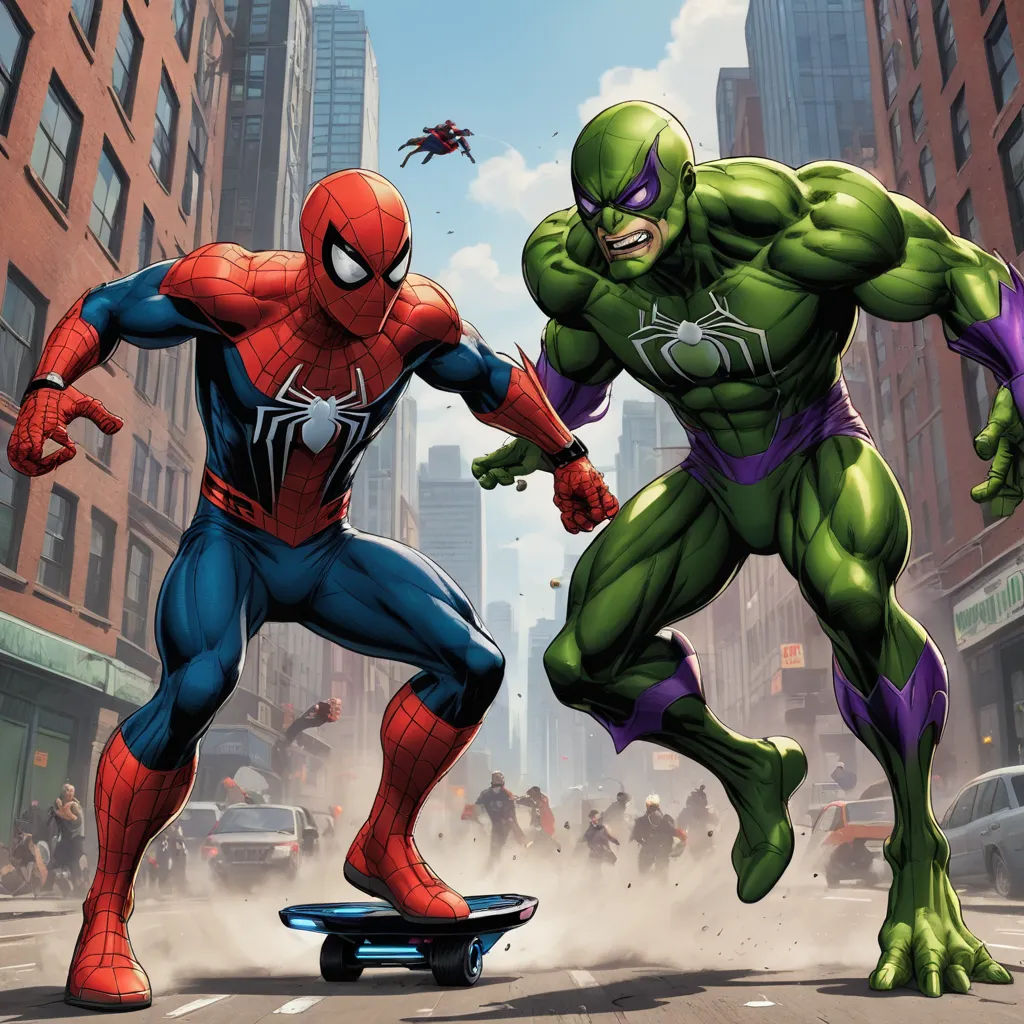 a cartoon of two superheros fighting over a skateboard in the street with a city background in the foreground, sots art, a comic book panel, Alton Tobey, comic cover art