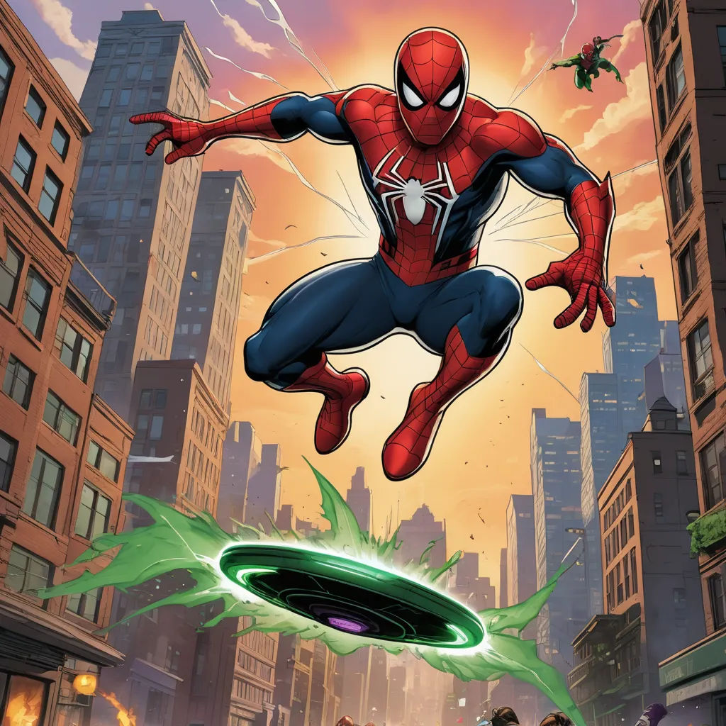 a spider - man flying over a city with a green object in the foreground and a green object in the foreground, sots art, a comic book panel, Alan Davis, comic cover art