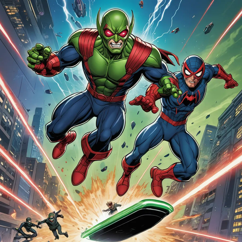a cartoon of a man flying through the air with a green lantern and a spider man in the background, altermodern, a comic book panel, Alan Davis, comic cover art