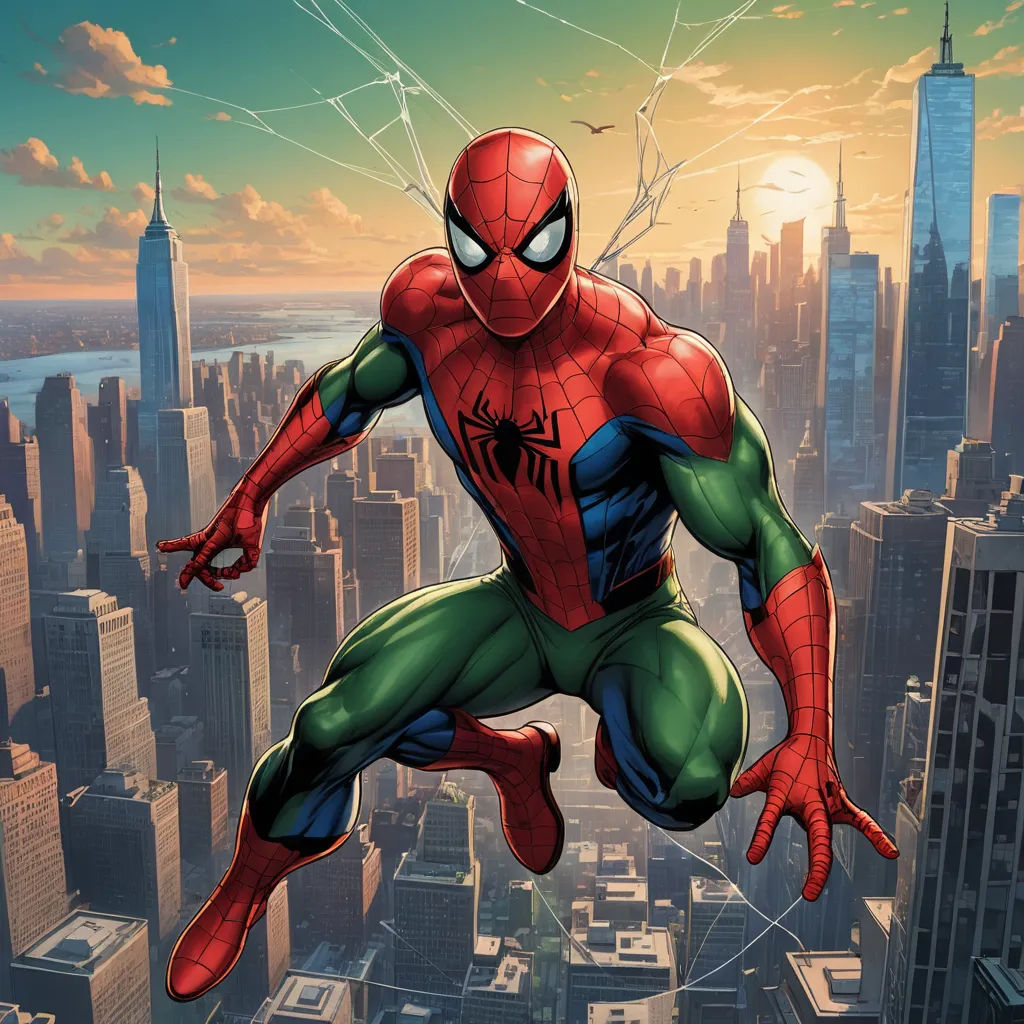 a spider man flying over a city in a cartoon style with a cityscape in the background and a sun setting, sots art, a comic book panel, Alton Tobey, comic cover art