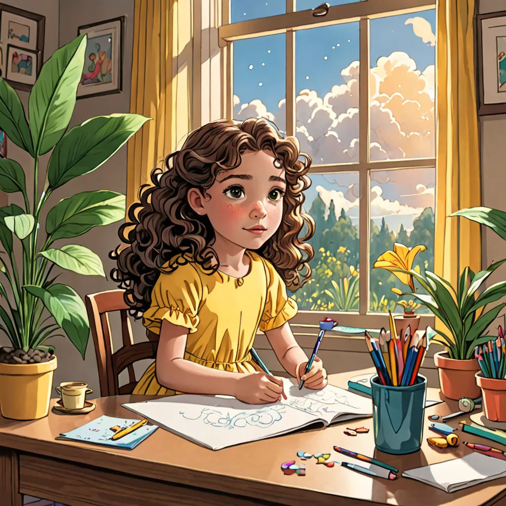 a girl is sitting at a desk with a book and pencils in front of her and a window, a storybook illustration, storybook illustration, american scene painting, Cliff Childs
