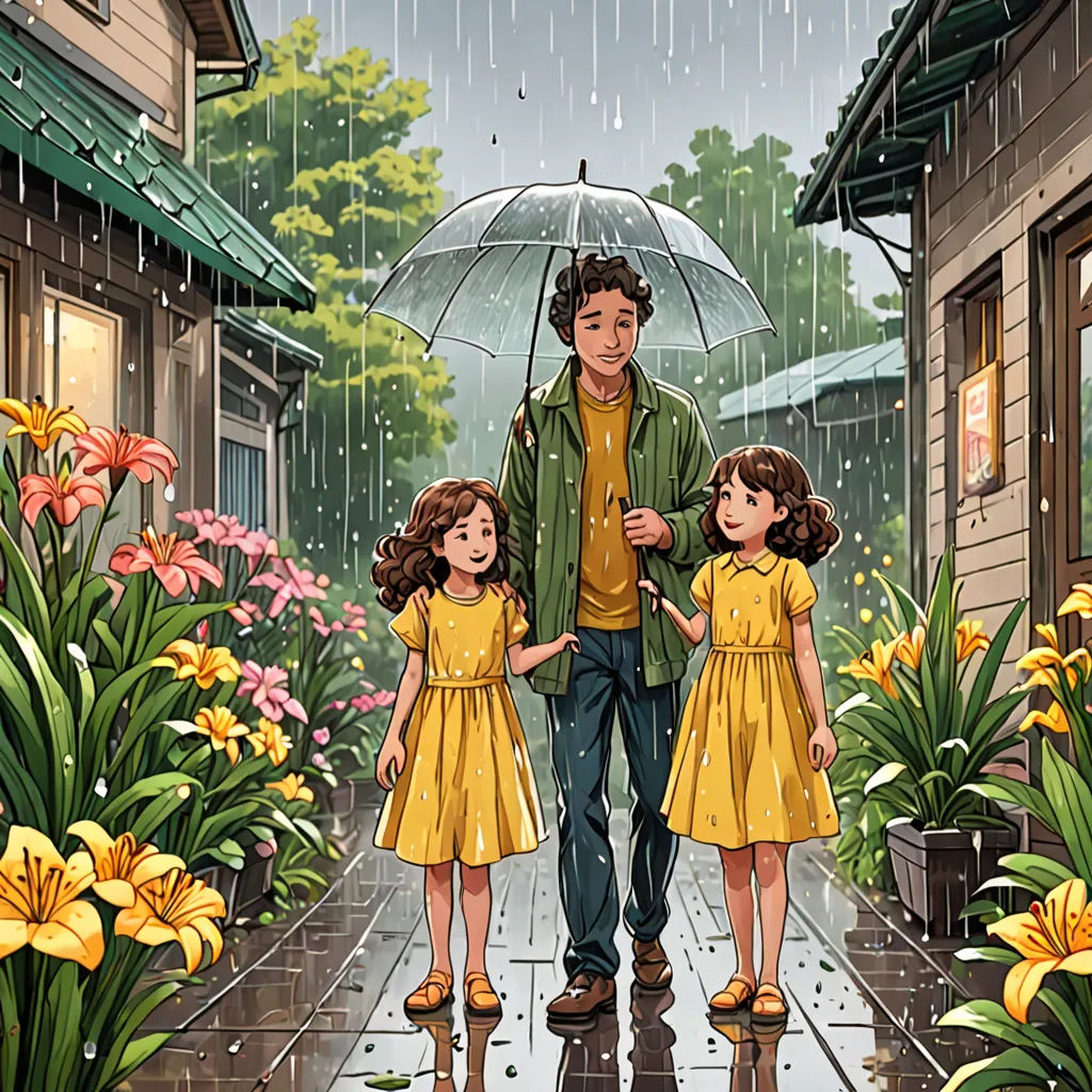 a man and two children walking in the rain with an umbrella over them and flowers in the background,, a storybook illustration, trending on art station, magic realism, Cyril Rolando