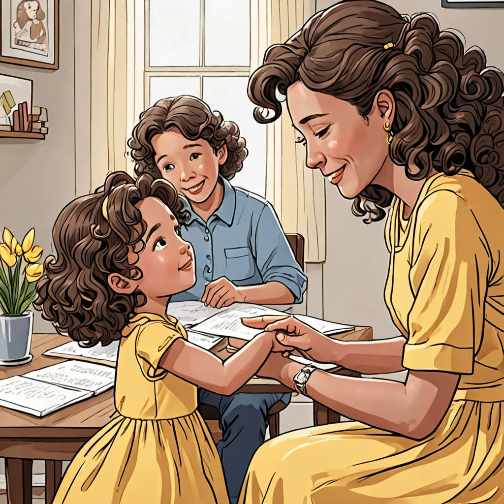 a woman and two children are sitting at a table with papers and a pen in their hands and a potted plant in the background, a comic book panel, comic cover art, serial art, Anne Said