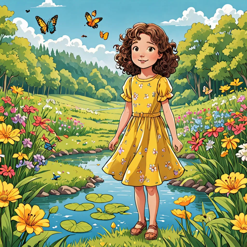 a girl in a yellow dress standing in a field of flowers and water lilies with butterflies flying overhead, a storybook illustration, storybook illustration, naive art, Elinor Proby Adams