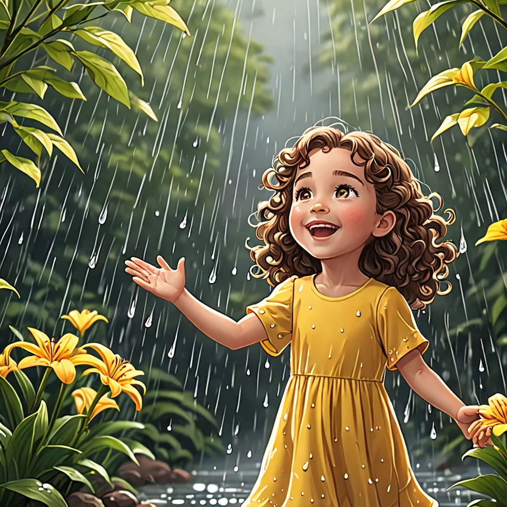 a little girl in a yellow dress standing in the rain with her hands out to her side and a yellow flower in her hand, a storybook illustration, storybook illustration, lyco art, Cyril Rolando