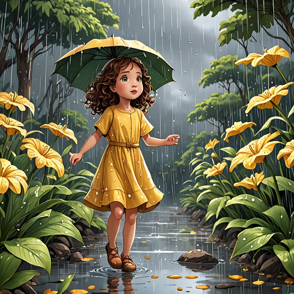 a little girl in a yellow dress is walking in the rain with an umbrella over her head and a puddle of water, a storybook illustration, trending on art station, fantasy art, Cyril Rolando