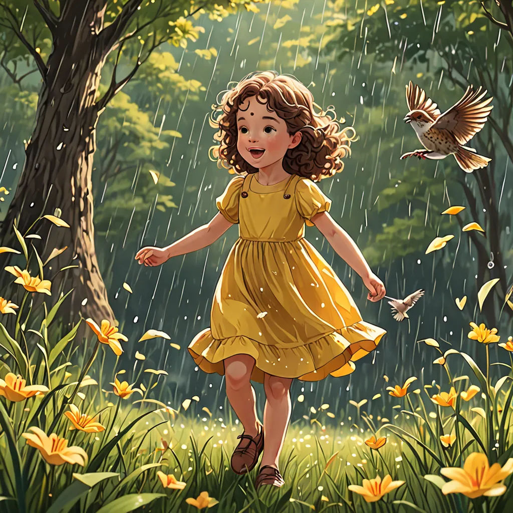 a girl in a yellow dress is walking in the rain with a bird flying above her and a tree with yellow flowers, a storybook illustration, storybook illustration, fantasy art, Cyril Rolando