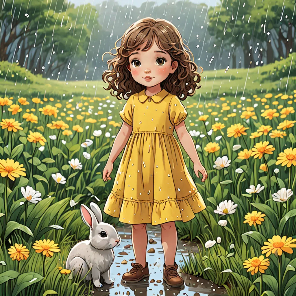 a little girl standing in a field with a bunny in the rain by a puddle of water with a flowery meadow in the background, a storybook illustration, storybook illustration, naive art, Alice Prin