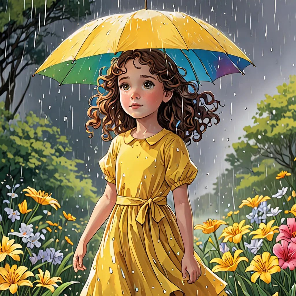 a little girl in a yellow dress holding an umbrella in the rain with flowers in the background and a forest full of flowers, a storybook illustration, rain, fantasy art, Bob Byerley