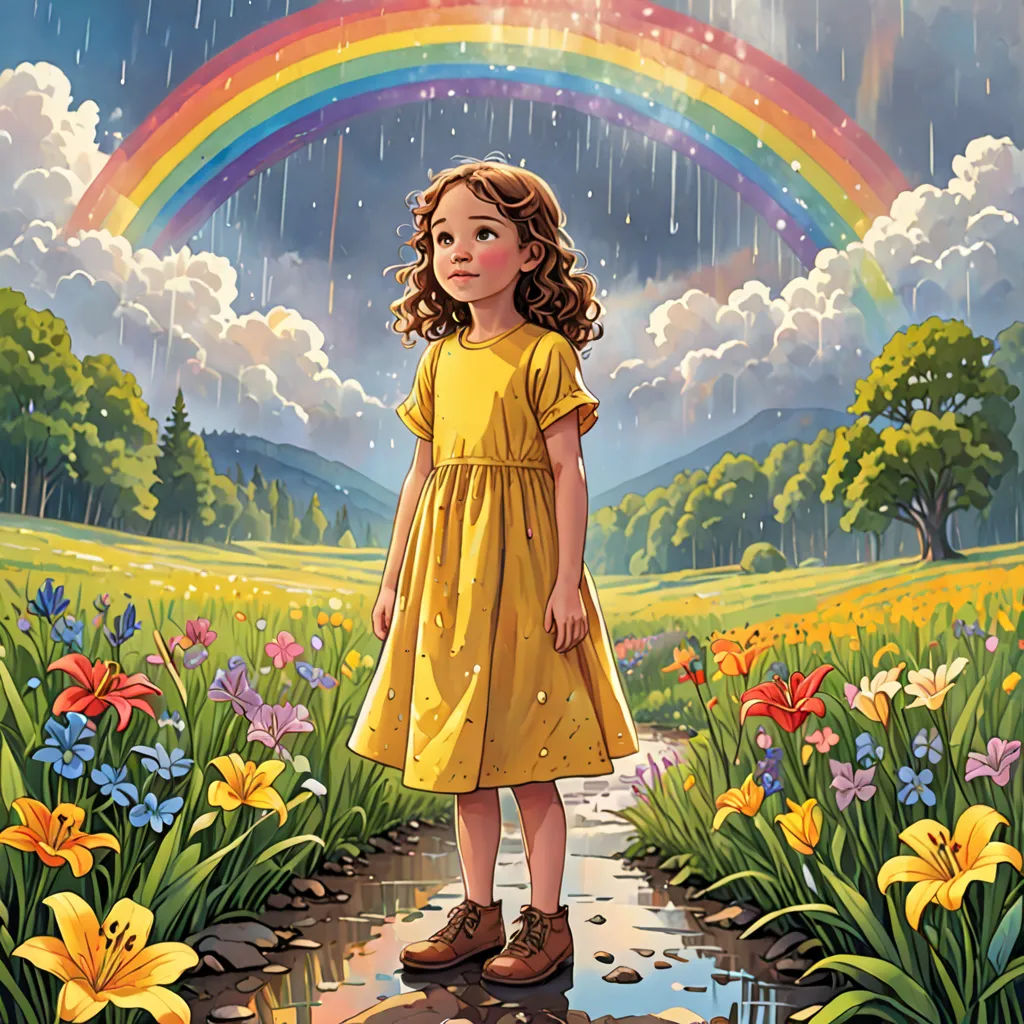 a painting of a girl standing in a field with a rainbow in the background and flowers in the foreground, a storybook illustration, comic cover art, naive art, Bob Byerley