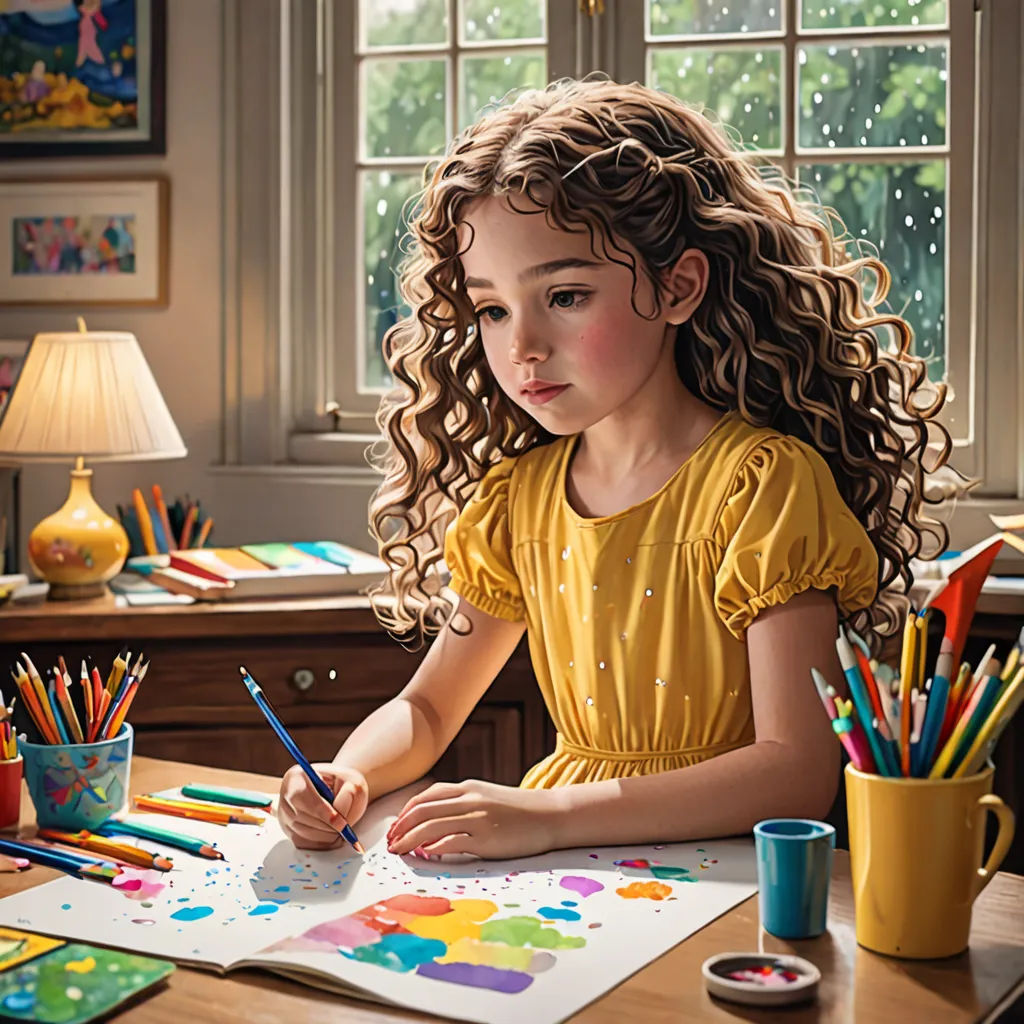 a little girl sitting at a desk with a book and pencils in front of her and a window, a photorealistic painting, highly detailed digital painting, photorealism, Bob Byerley