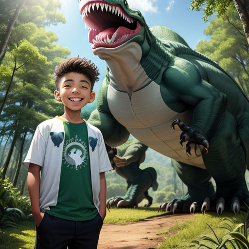 Um dinossauro de desenho animado com um dinossauro verde em sua cauda