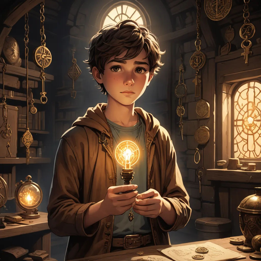 a boy holding a light bulb in his hands in a room with a window and a book shelf full of books, fantasy art, a storybook illustration, Clint Cearley, rossdraws global illumination
