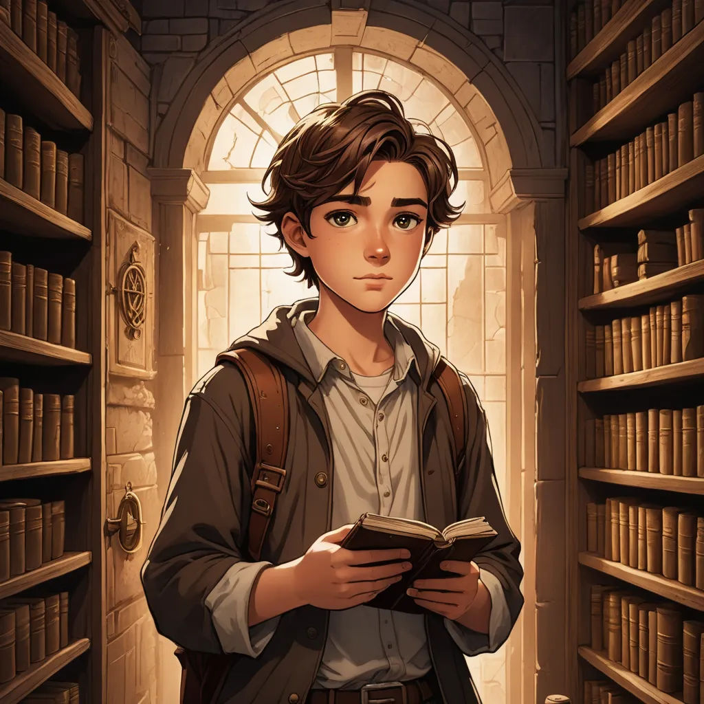a boy standing in a library holding a book and looking at the camera with a book in his hands, fantasy art, a character portrait, Cedric Seaut (Keos Masons), rossdraws global illumination
