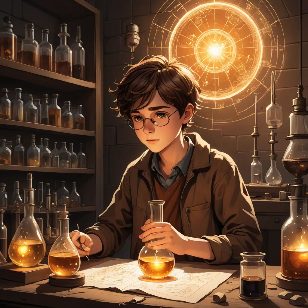 a boy in glasses is sitting at a table with a beakle and a beakle of liquid in front of him, fantasy art, concept art, Cedric Peyravernay, rossdraws global illumination