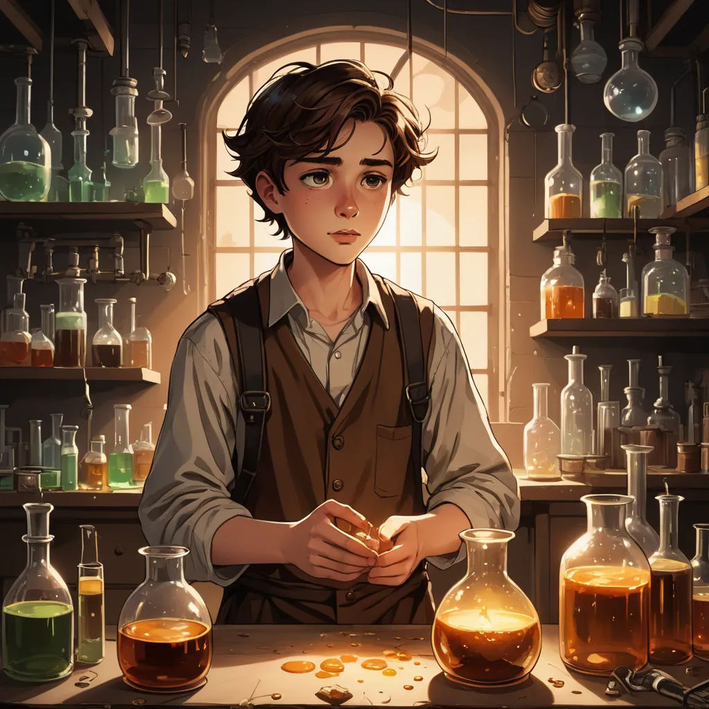 a man standing in front of a table filled with bottles of liquid and a glass jar filled with coins, fantasy art, a character portrait, Cedric Seaut (Keos Masons), official art