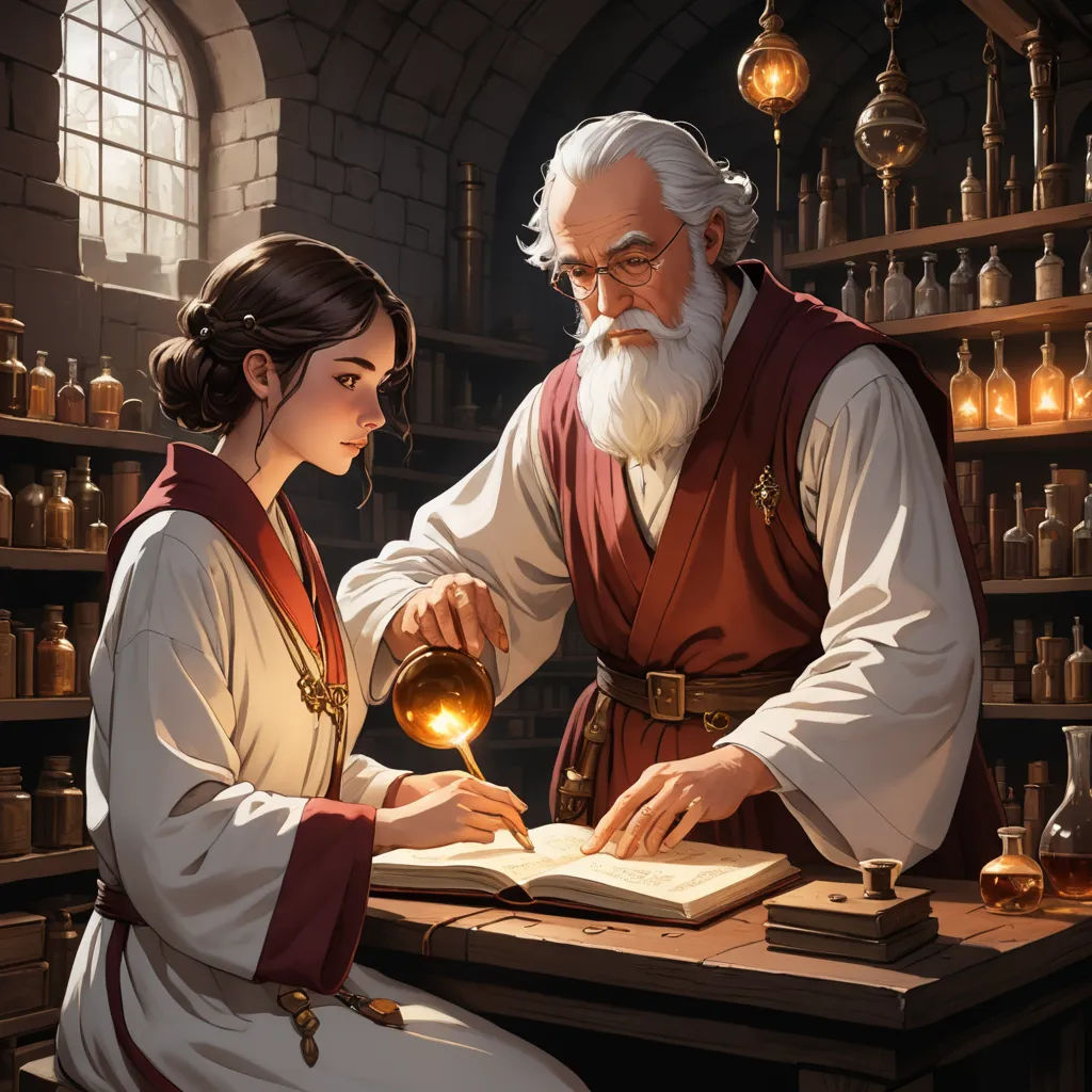 a man and a woman are looking at a book together in a library with a lot of bottles on the shelves, fantasy art, a storybook illustration, Christophe Vacher, fantasy artwork