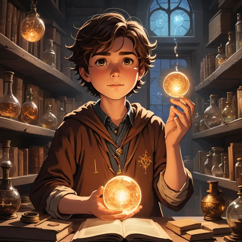 a boy holding a glowing orb in a library with books and bookshelves in the background and a window, fantasy art, a storybook illustration, Clint Cearley, rossdraws global illumination