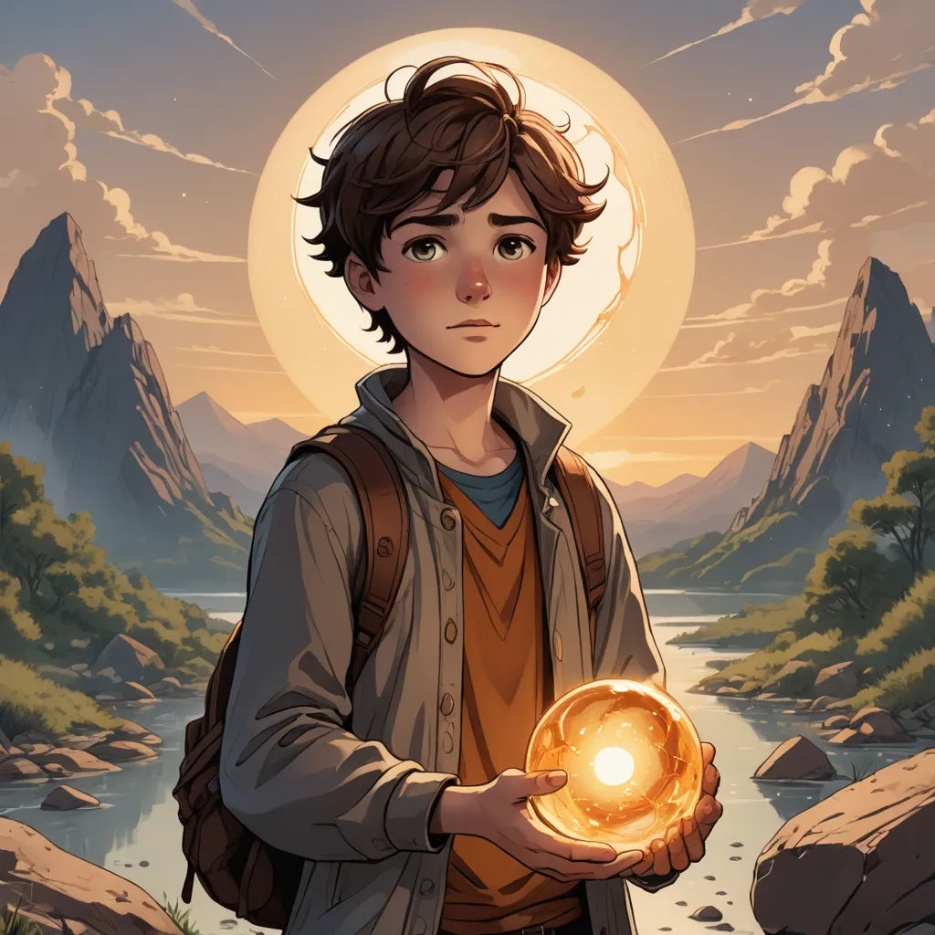a boy holding a glowing orb in his hands in front of a mountain landscape with a river and a sun, fantasy art, a character portrait, Cedric Seaut (Keos Masons), rossdraws global illumination