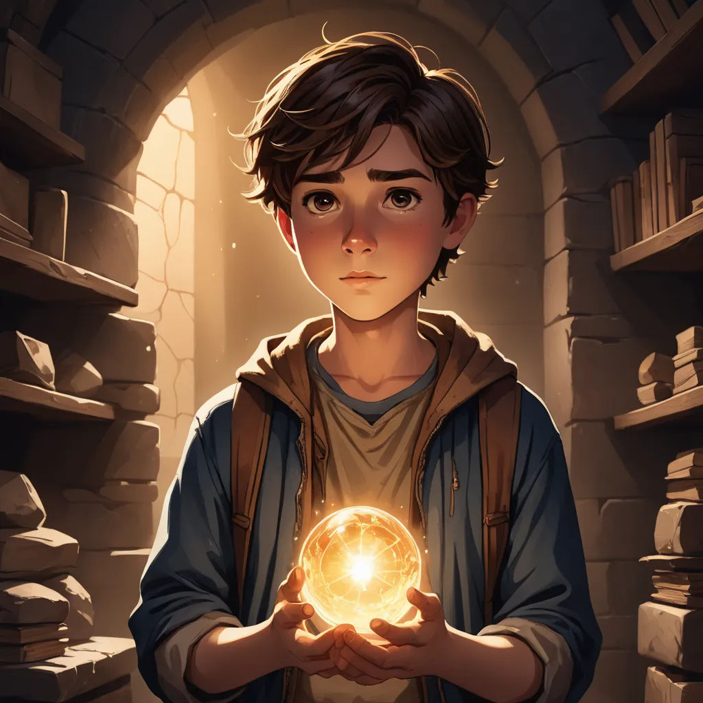 a boy holding a glowing ball in his hands in a dark room with shelves of books on either side, fantasy art, a character portrait, Clint Cearley, rossdraws global illumination