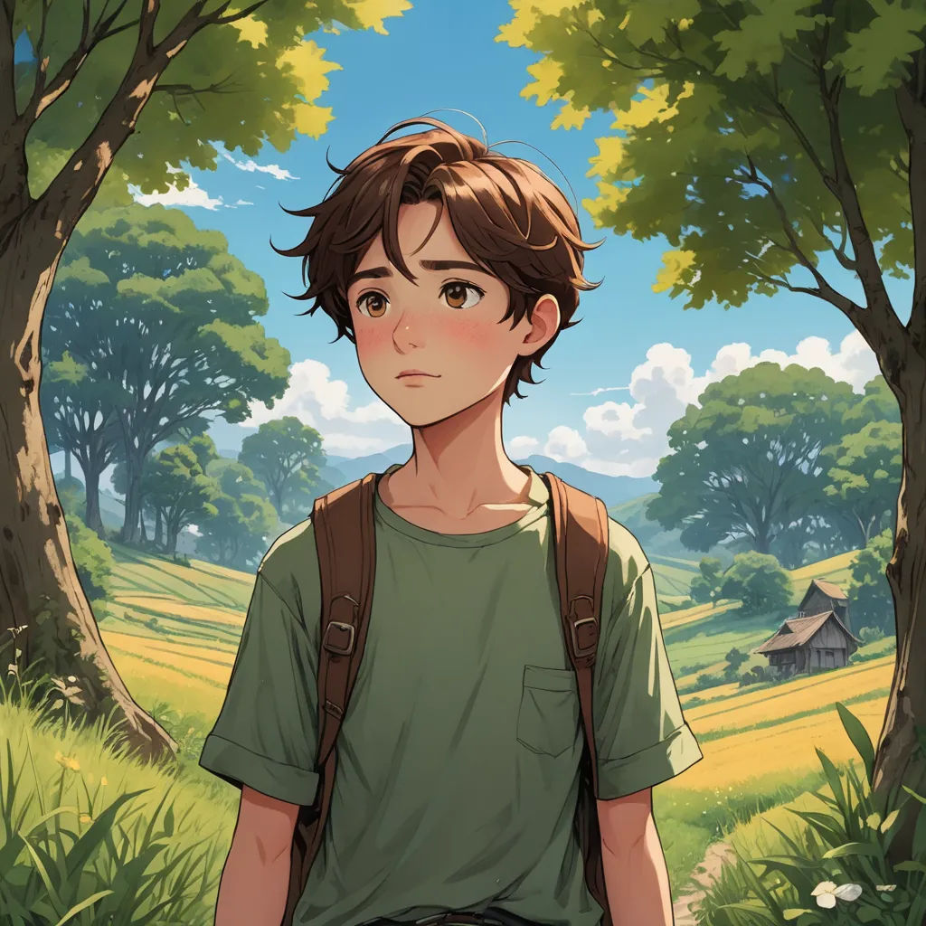 a boy with a backpack standing in a field with trees and a house in the background, looking at the camera, fantasy art, a character portrait, Cedric Seaut (Keos Masons), official art