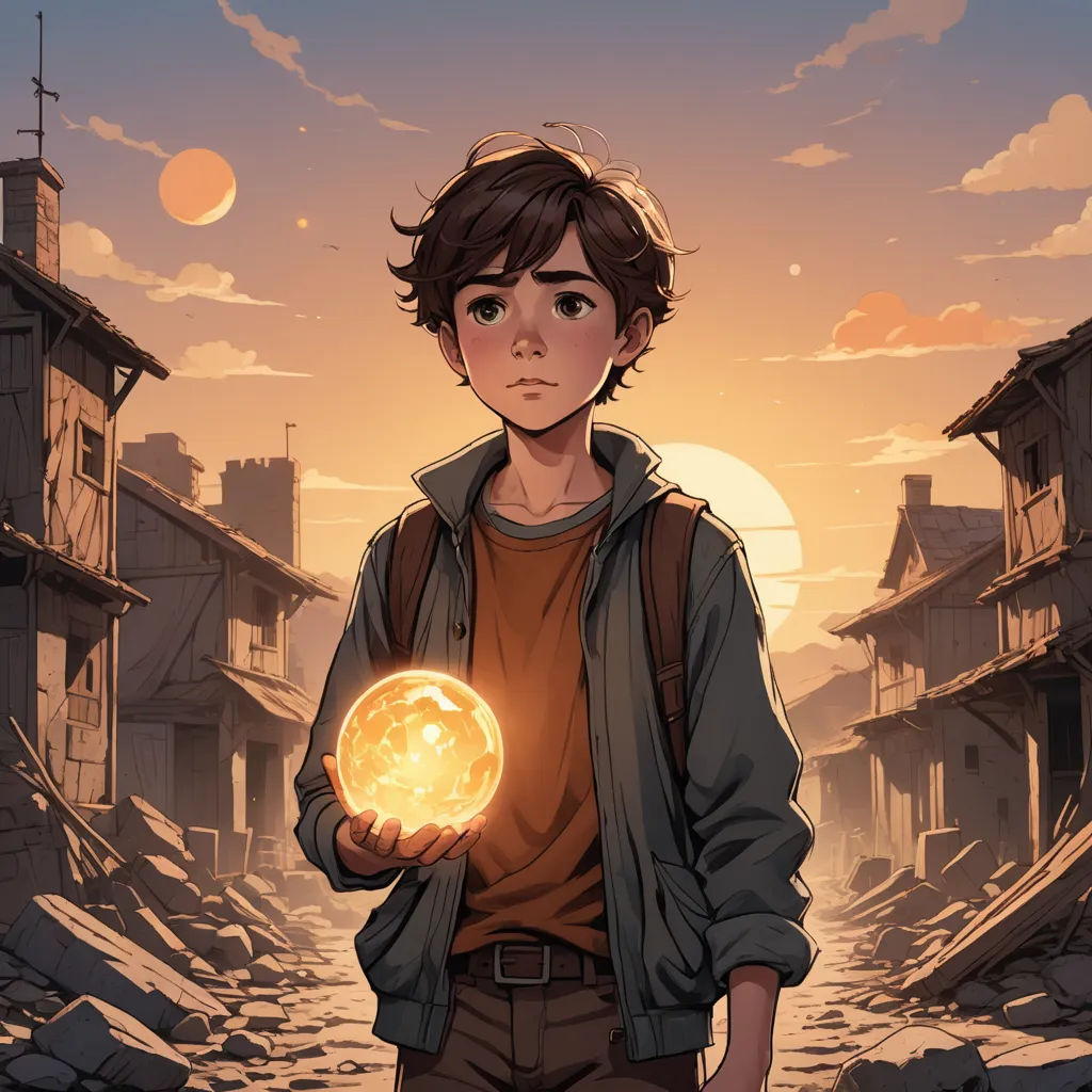 a boy holding a glowing ball in his hands in a city street at sunset with a full moon in the background, fantasy art, a character portrait, Diego Gisbert Llorens, rossdraws global illumination