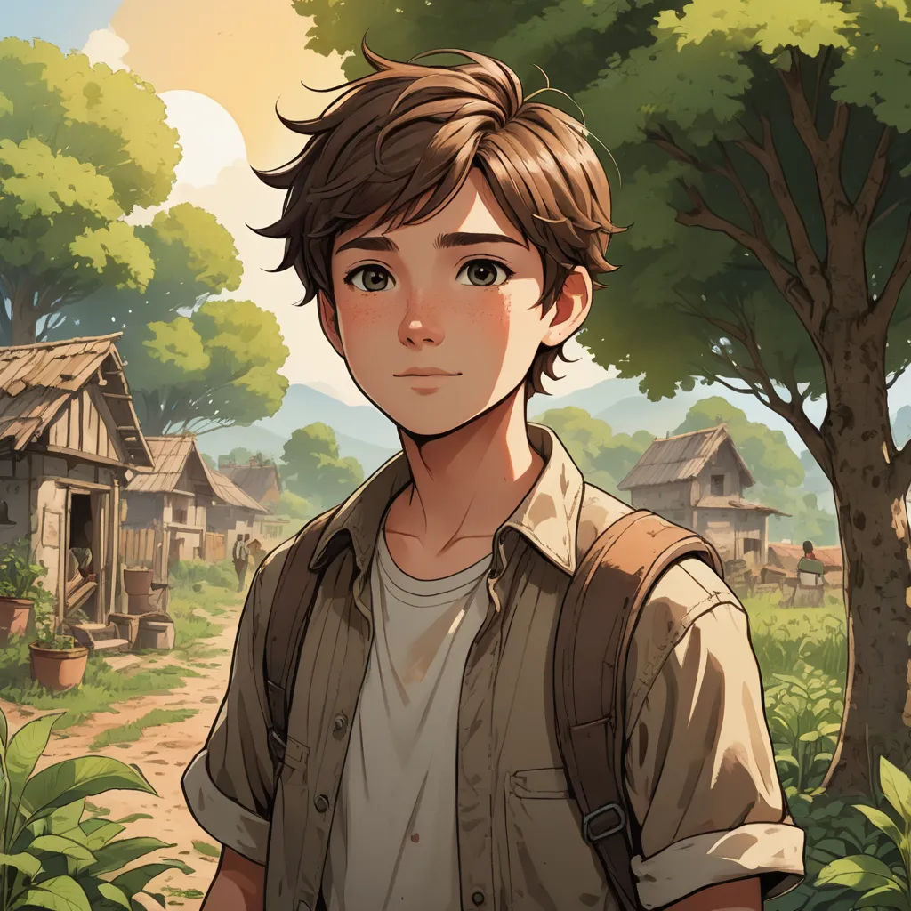 a boy standing in front of a tree and a house with a forest in the background and a dirt road, sots art, a character portrait, Cedric Seaut (Keos Masons), rossdraws global illumination
