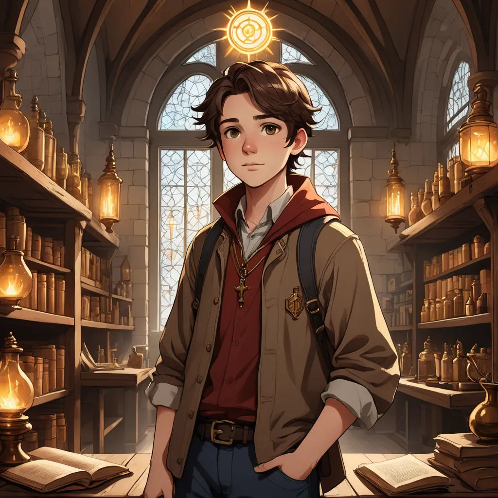 a boy standing in a library with a backpack on his shoulder and a book case in the background with a light shining on him, sots art, a character portrait, Cedric Seaut (Keos Masons), character portrait