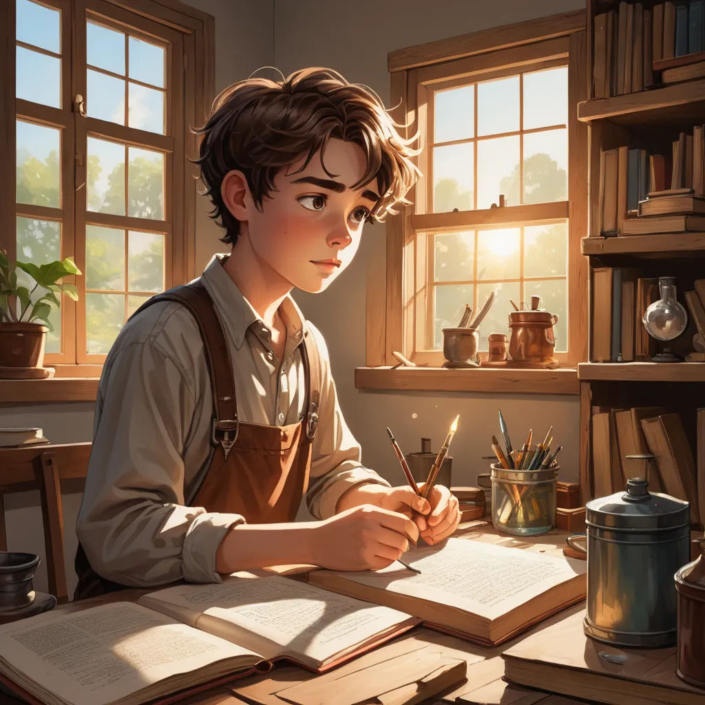 a boy is sitting at a desk writing on a book and holding a pen and pencil in his hand, fantasy art, a storybook illustration, Aaron Jasinski, rossdraws global illumination