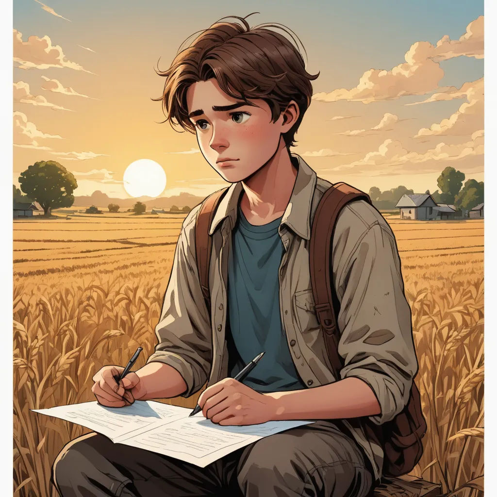 a boy sitting in a field writing on a paper with a pen in his hand and a sunset in the background, academic art, a comic book panel, Aaron Jasinski, comic cover art