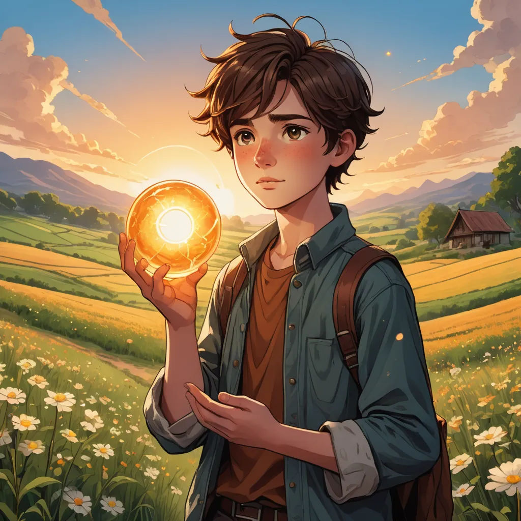 a boy holding a glowing orb in his hands in a field of flowers at sunset with a house in the background, fantasy art, a character portrait, Cedric Seaut (Keos Masons), rossdraws global illumination