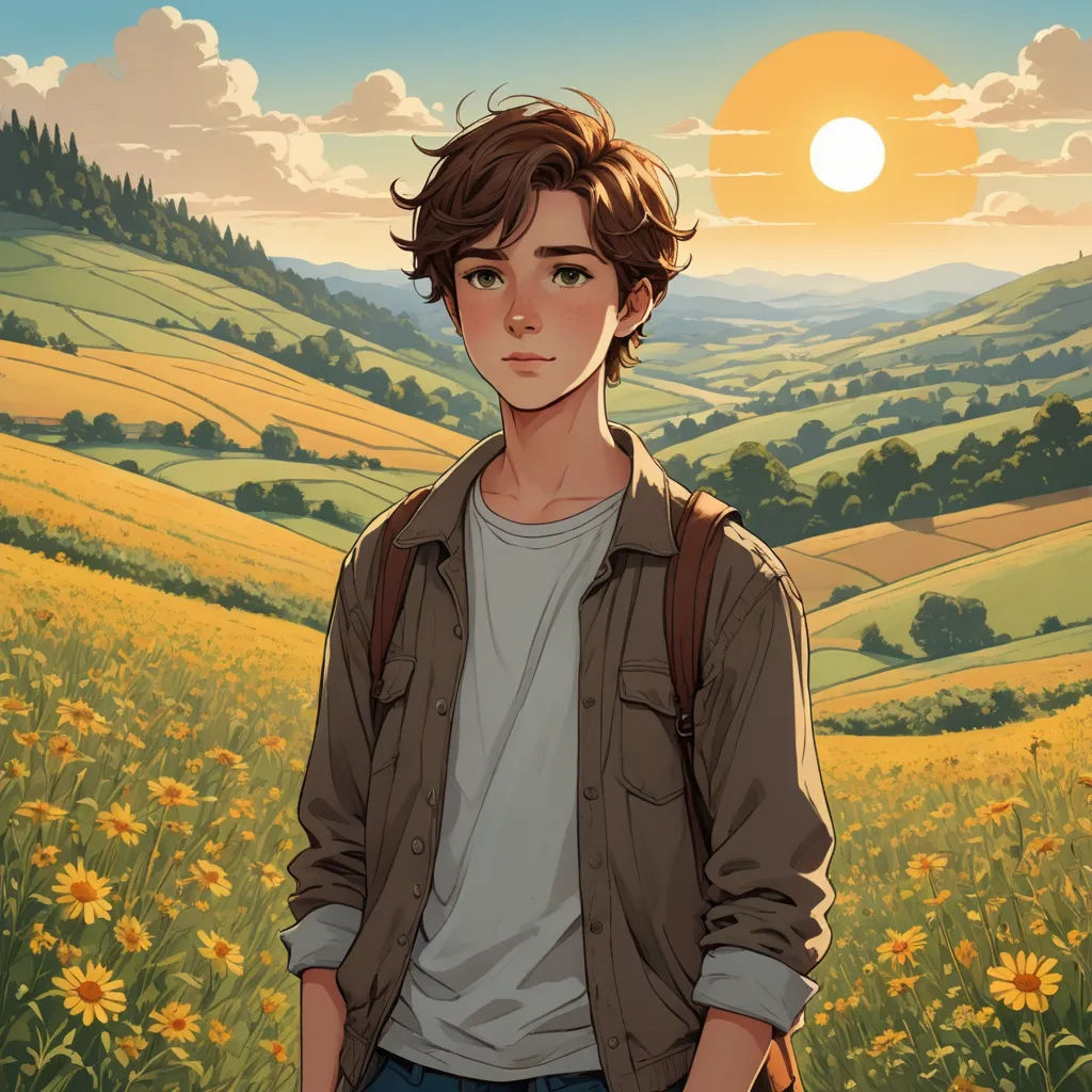 a boy standing in a field of flowers with a sunset in the background and a sun setting behind him, aestheticism, a character portrait, Cedric Seaut (Keos Masons), rossdraws global illumination