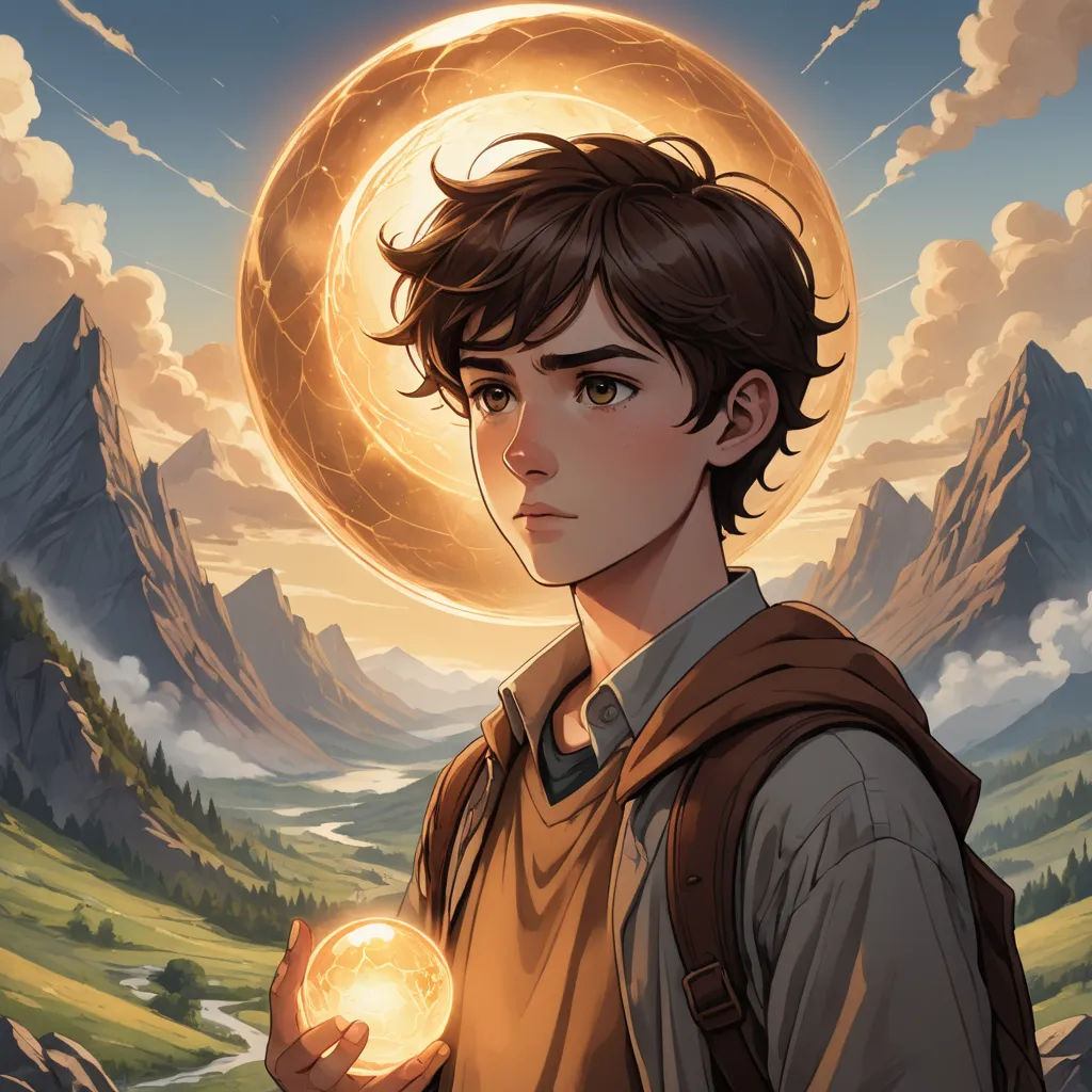 a boy holding a glowing ball in his hands in front of a mountain landscape with a full moon above him, fantasy art, a character portrait, Aaron Jasinski, rossdraws global illumination