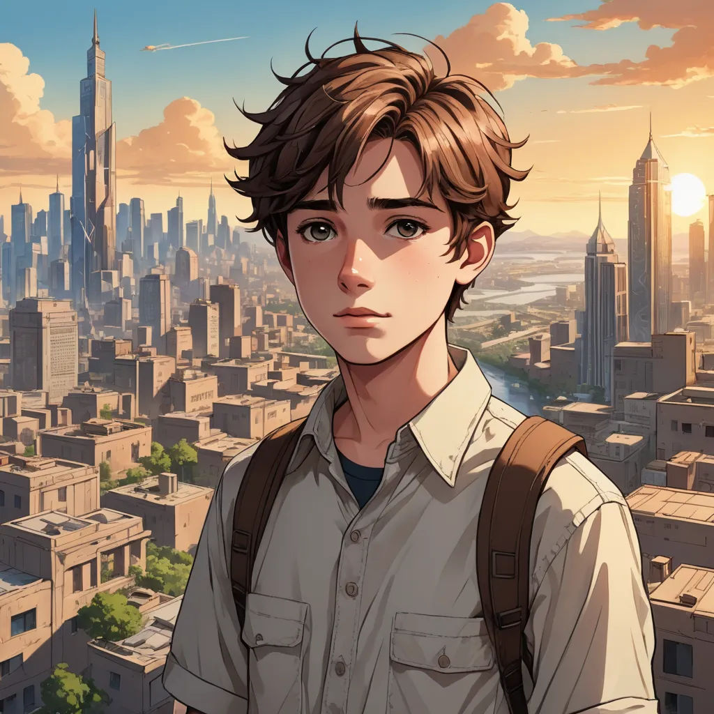 a man standing in front of a city skyline with a backpack on his shoulder and a cityscape in the background, sots art, a character portrait, Cedric Seaut (Keos Masons), rossdraws global illumination