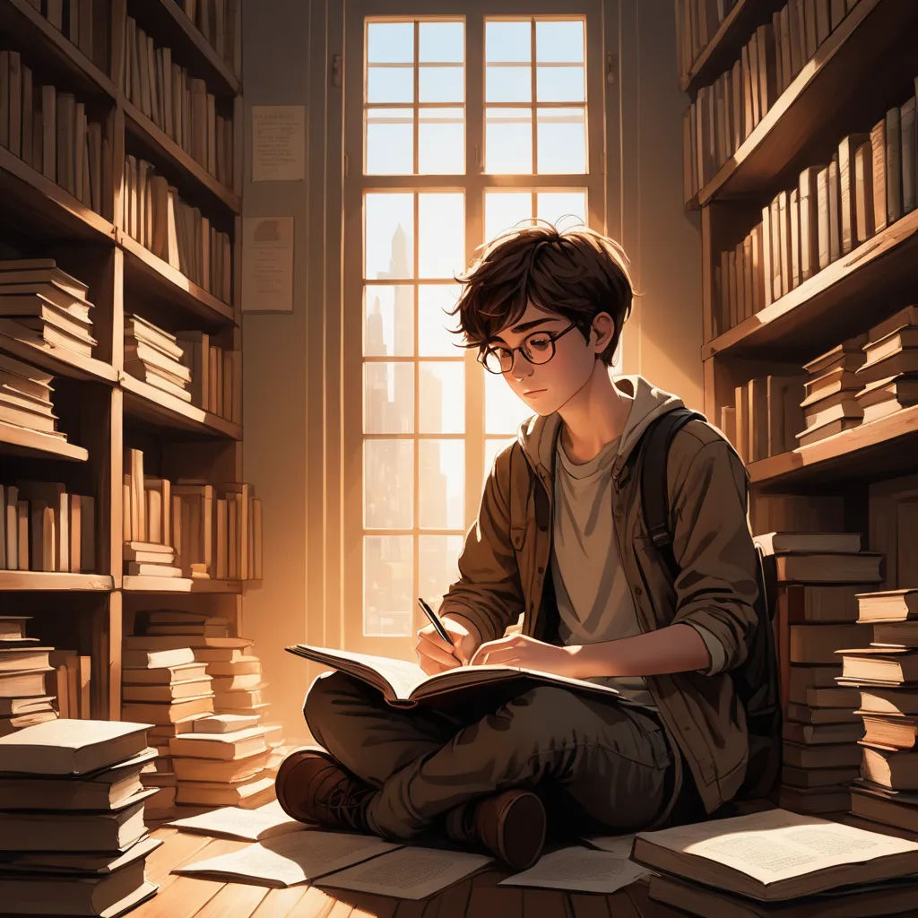 a boy sitting on the floor in front of a book shelf filled with books and a pen in his hand, fantasy art, a storybook illustration, Atey Ghailan, rossdraws global illumination