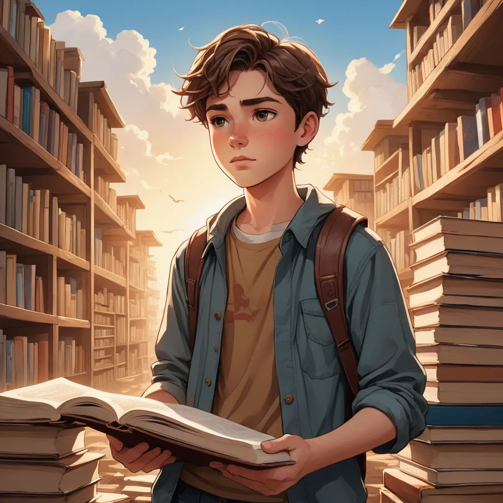a boy is standing in a library holding a book and looking at the camera with a book in his hands, fantasy art, a storybook illustration, Cyril Rolando, rossdraws global illumination