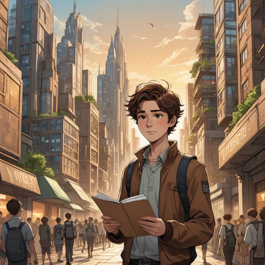 a man standing in a city holding a book in his hands and looking at the camera with a city in the background, fantasy art, a comic book panel, Cedric Seaut (Keos Masons), rossdraws global illumination