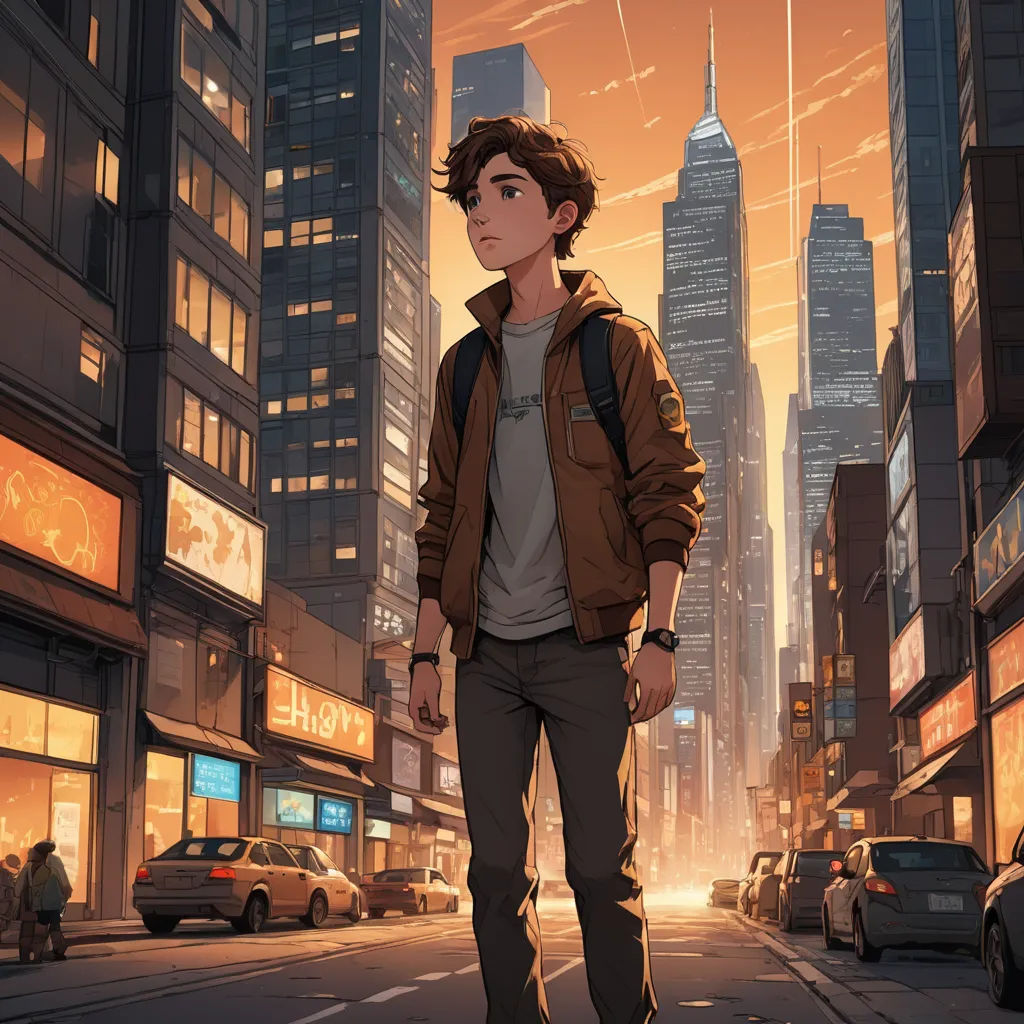 a man walking down a street in a city at sunset with tall buildings in the background and a cityscape in the foreground, retrofuturism, a detailed matte painting, Cedric Seaut (Keos Masons), rossdraws global illumination