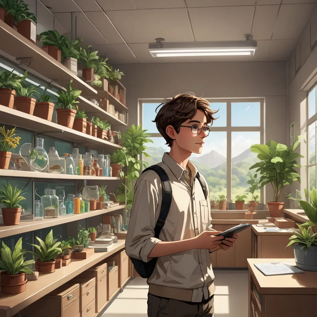 a man standing in a room with a book in his hand and a plant in the background, and a window with a mountain view, sots art, a screenshot, Cedric Seaut (Keos Masons), plants