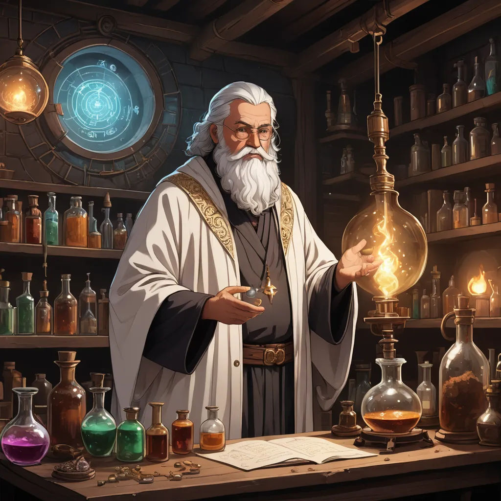 a man in a lab holding a light bulb in his hand and a book in his other hand in front of a shelf full of bottles, fantasy art, an ultrafine detailed painting, Chris Rallis, arcane