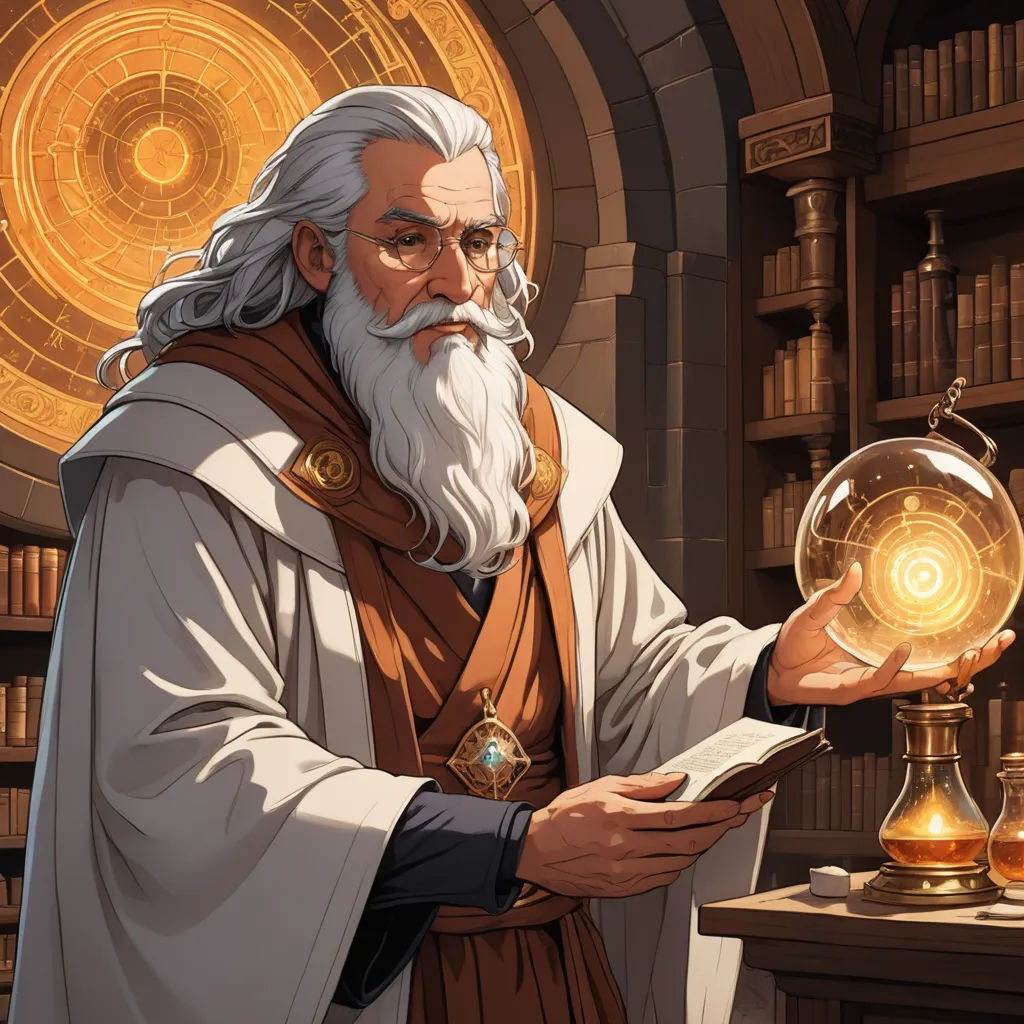 a man with a long white beard and a white beard holding a book in his hand and a globe in his hand, fantasy art, a character portrait, Cedric Seaut (Keos Masons), epic fantasy character art