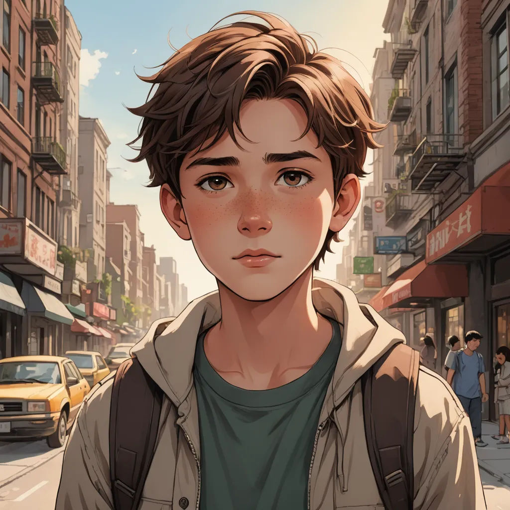 a boy with a backpack on a city street looking at the camera with a serious look on his face, american scene painting, a comic book panel, David Park, stanley artgerm lau