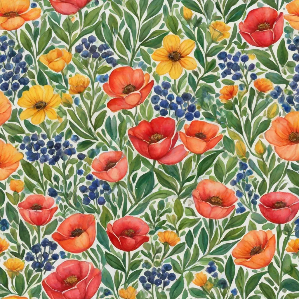 a painting of flowers and berries on a white background with blue berries and leaves on the bottom of the picture, arts and crafts movement, a watercolor painting, Annabel Kidston, in gouache detailed paintings