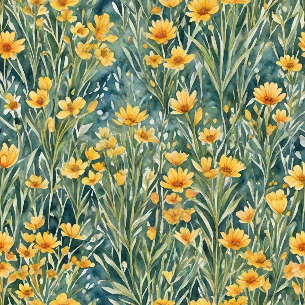 a painting of yellow flowers with green leaves and stems on a blue background with a watercolor effect of a field of yellow flowers, generative art, a watercolor painting, Annabel Kidston, in gouache detailed paintings